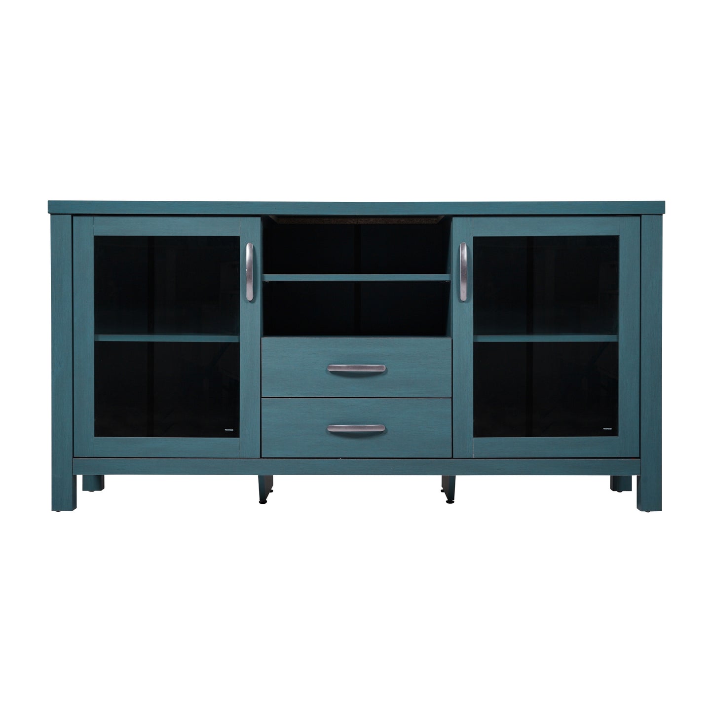 Dion Teal 59 Inch Modern Kitchen and Dining Room Buffet Sideboard Storage Cabinet, Engineered Wood with 2 Tempered Glass Doors, 2 Drawers, Open Shelf Teal