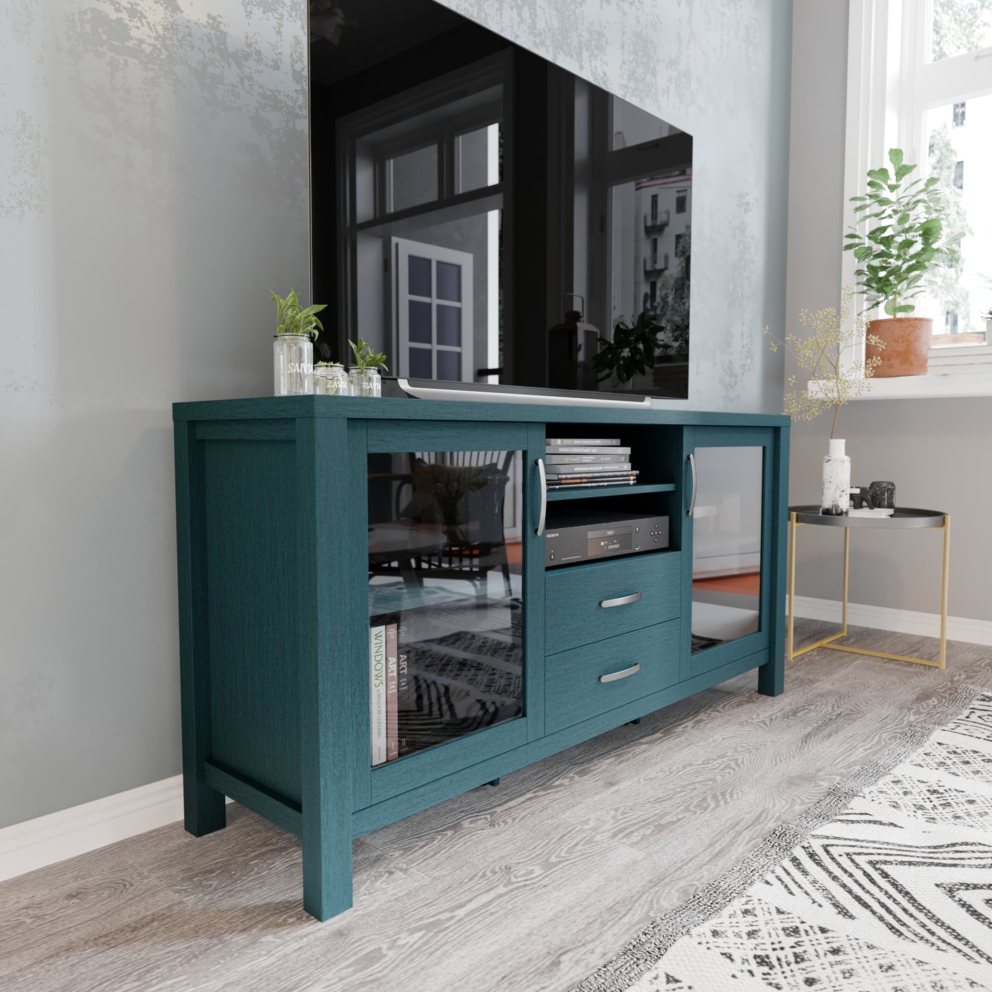 Dion Teal 59 Inch Modern Kitchen and Dining Room Buffet Sideboard Storage Cabinet, Engineered Wood with 2 Tempered Glass Doors, 2 Drawers, Open Shelf Teal