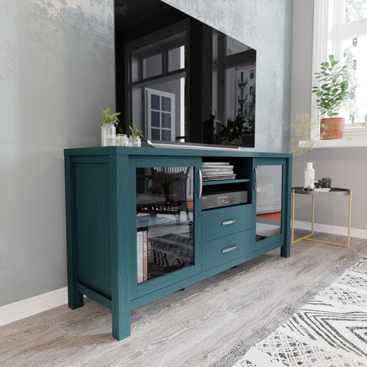 Dion Teal 59 Inch Modern Kitchen and Dining Room Buffet Sideboard Storage Cabinet, Engineered Wood with 2 Tempered Glass Doors, 2 Drawers, Open Shelf Teal EV-CA7515-ZZ-TL-GG
