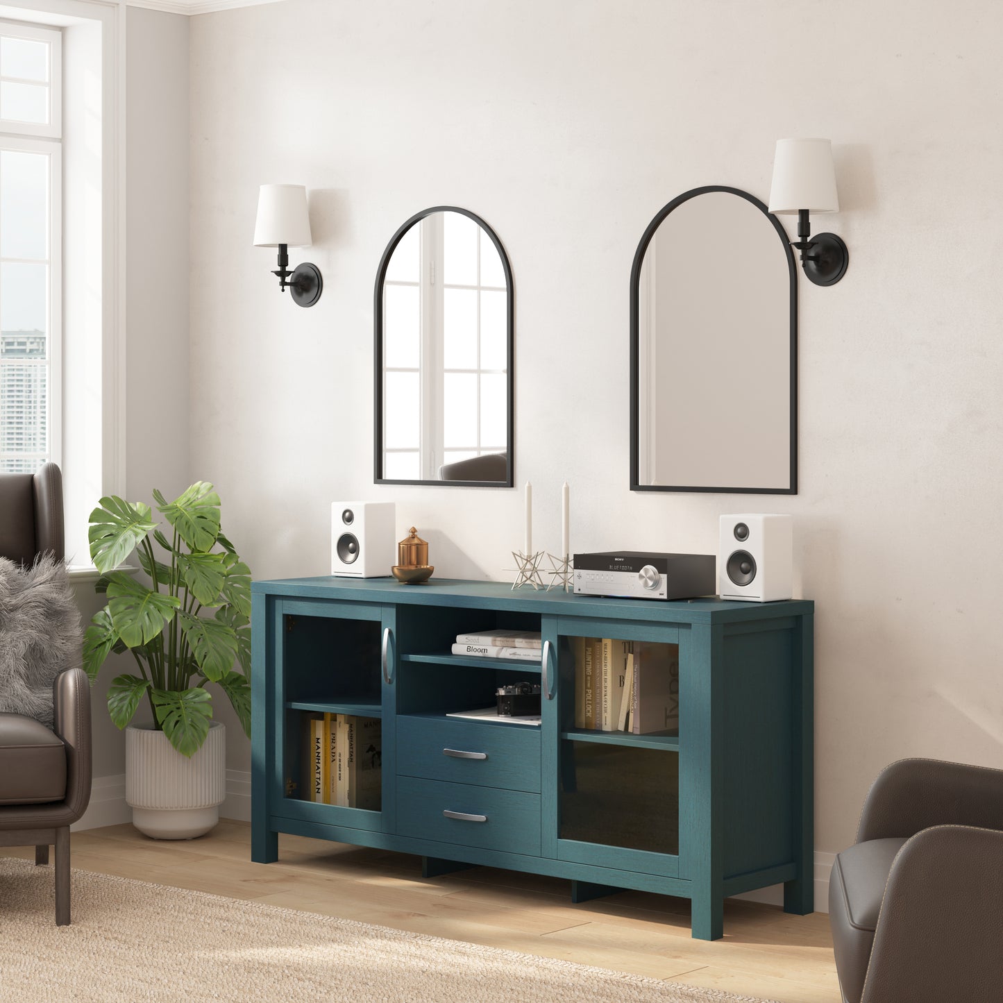Dion Teal 59 Inch Modern Kitchen and Dining Room Buffet Sideboard Storage Cabinet, Engineered Wood with 2 Tempered Glass Doors, 2 Drawers, Open Shelf Teal