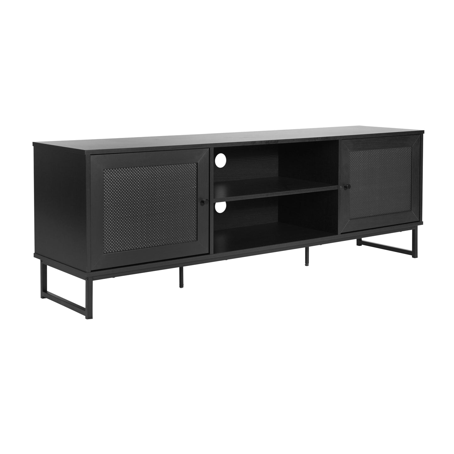 Malaki Mid-Century Modern 65 Inch TV Stand with 2 Rattan Soft Close Doors and Fixed Center Shelf, TV Stand for up to 70" TV's in Black Black