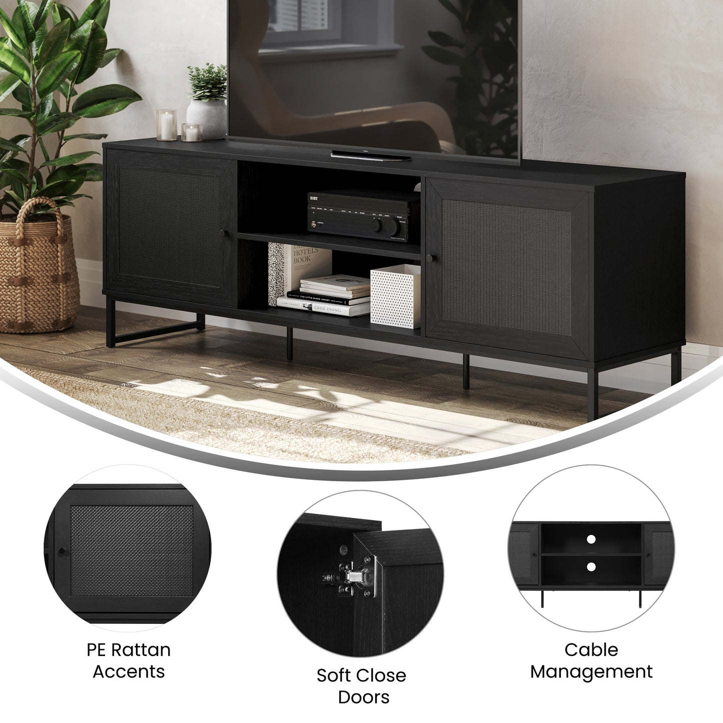 Malaki Mid-Century Modern 65 Inch TV Stand with 2 Rattan Soft Close Doors and Fixed Center Shelf, TV Stand for up to 70" TV's in Black Black