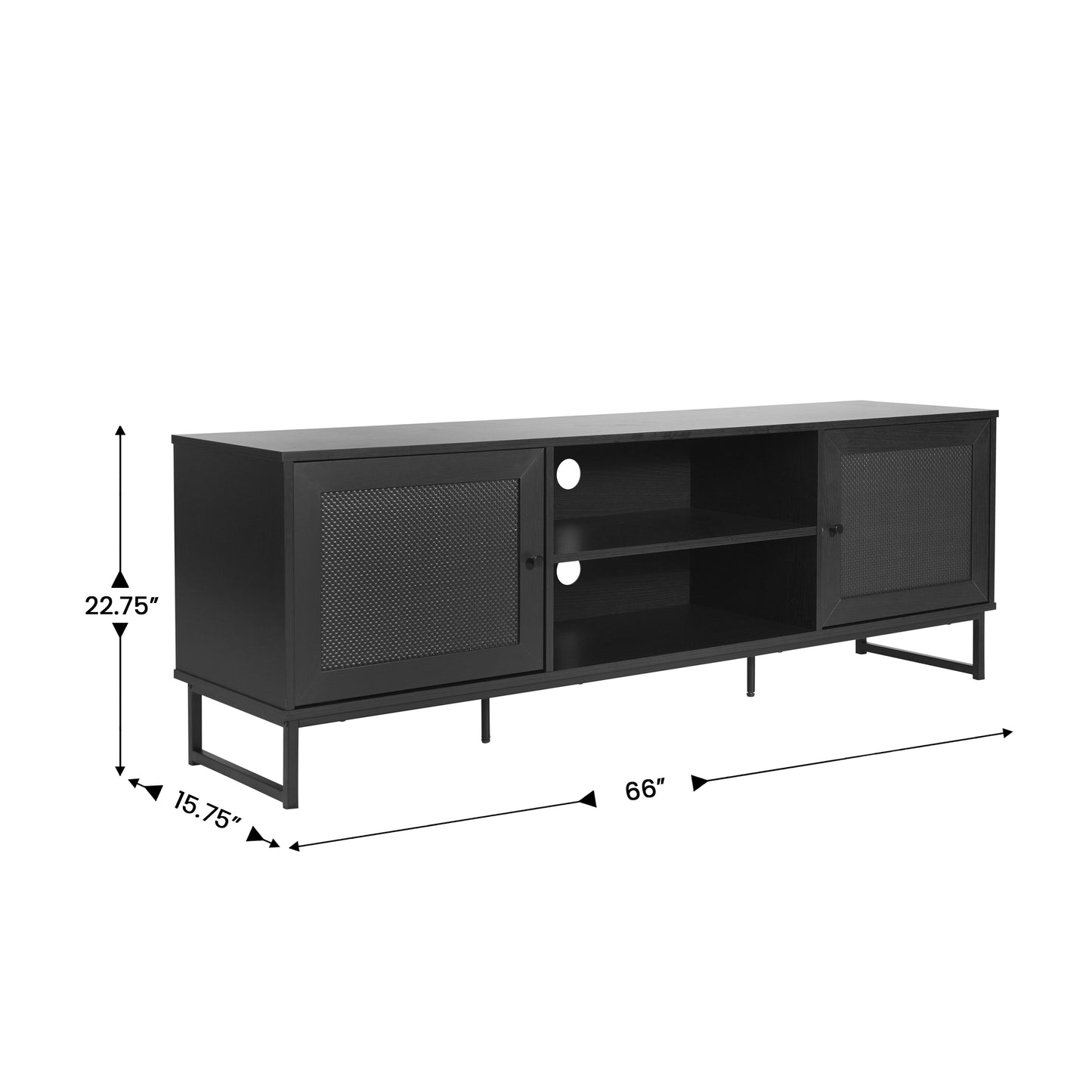Malaki Mid-Century Modern 65 Inch TV Stand with 2 Rattan Soft Close Doors and Fixed Center Shelf, TV Stand for up to 70" TV's in Black Black