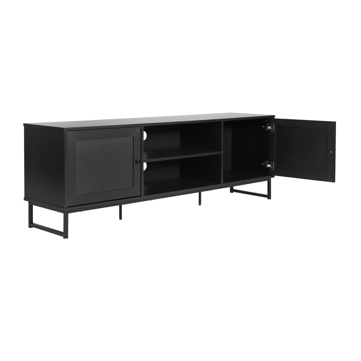 Malaki Mid-Century Modern 65 Inch TV Stand with 2 Rattan Soft Close Doors and Fixed Center Shelf, TV Stand for up to 70" TV's in Black Black
