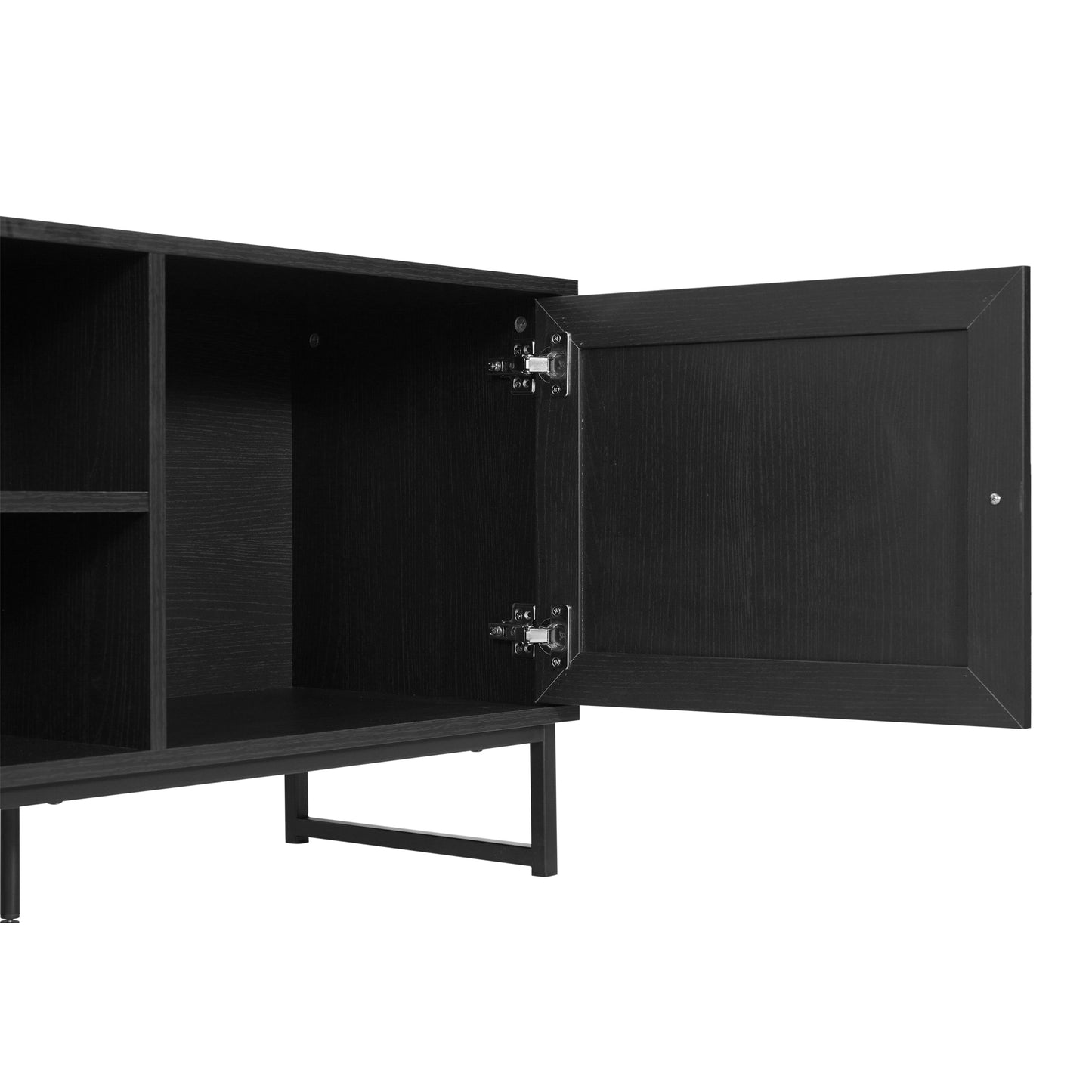 Malaki Mid-Century Modern 65 Inch TV Stand with 2 Rattan Soft Close Doors and Fixed Center Shelf, TV Stand for up to 70" TV's in Black Black