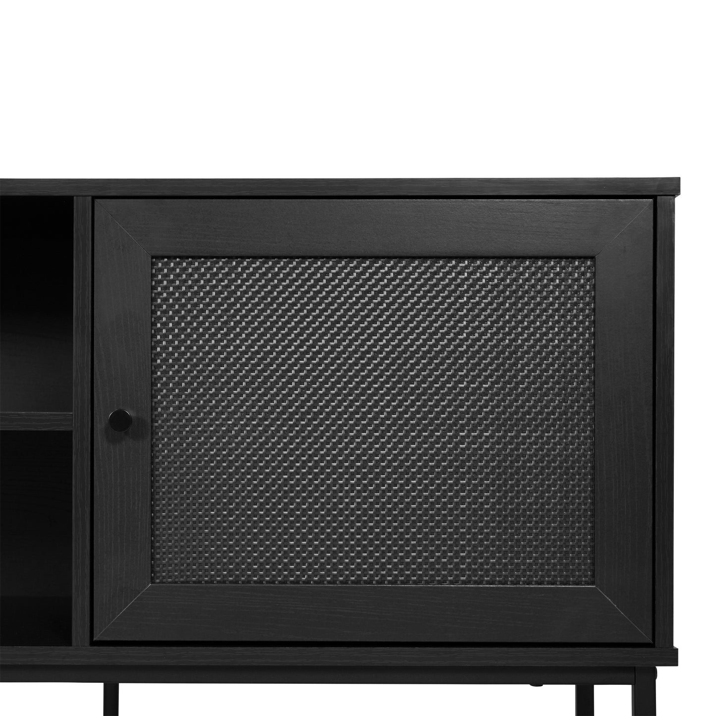 Malaki Mid-Century Modern 65 Inch TV Stand with 2 Rattan Soft Close Doors and Fixed Center Shelf, TV Stand for up to 70" TV's in Black Black
