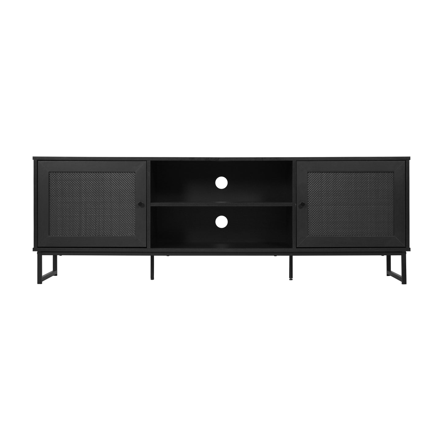Malaki Mid-Century Modern 65 Inch TV Stand with 2 Rattan Soft Close Doors and Fixed Center Shelf, TV Stand for up to 70" TV's in Black Black