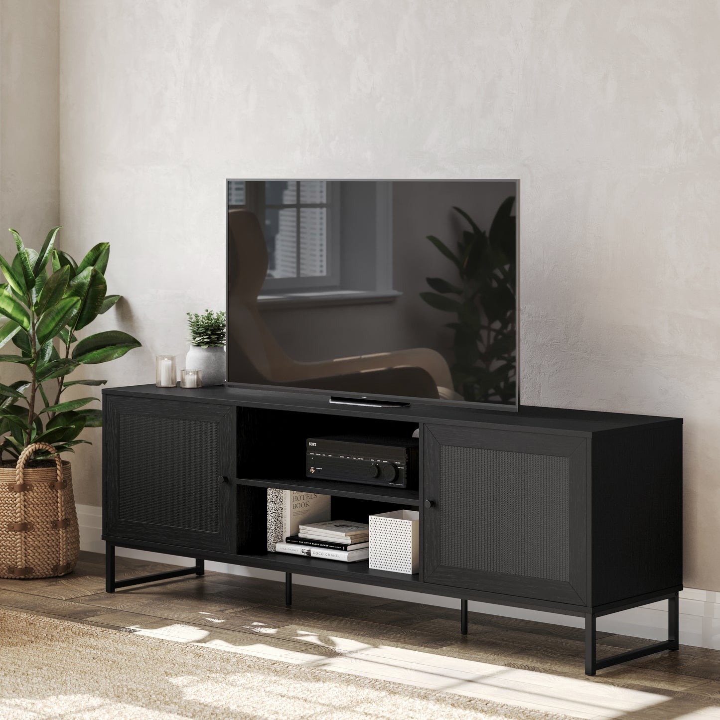 Malaki Mid-Century Modern 65 Inch TV Stand with 2 Rattan Soft Close Doors and Fixed Center Shelf, TV Stand for up to 70" TV's in Black Black