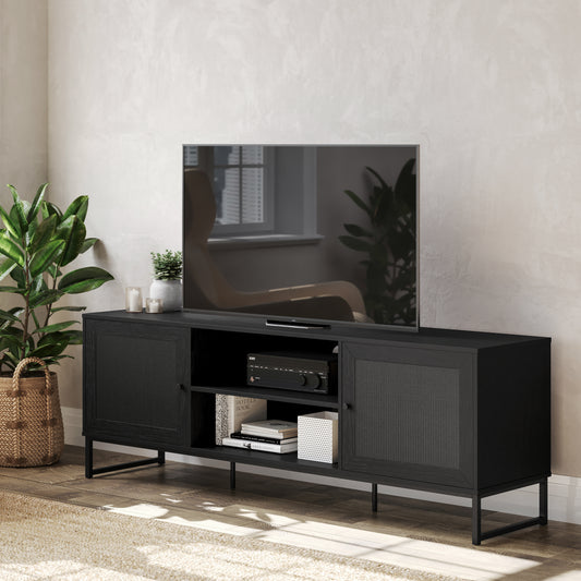 Malaki Mid-Century Modern 65 Inch TV Stand with 2 Rattan Soft Close Doors and Fixed Center Shelf, TV Stand for up to 70" TV's in Black Black