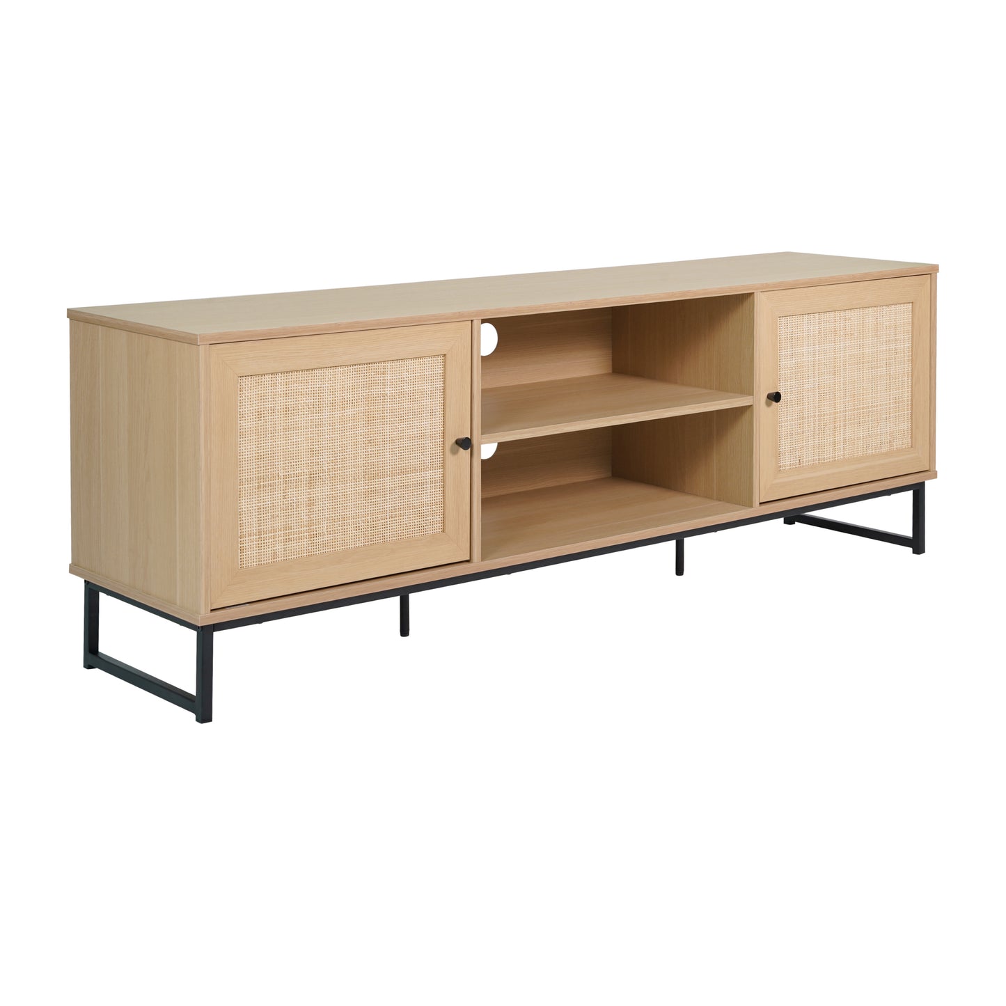 Malaki Mid-Century Modern 65 Inch TV Stand with 2 Rattan Soft Close Doors and Fixed Center Shelf, TV Stand for up to 70" TV's in Natural Natural