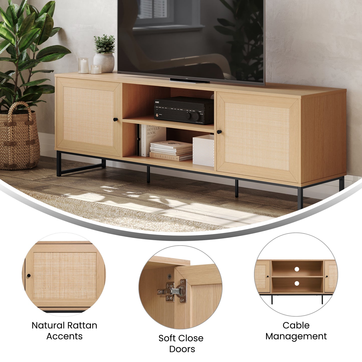 Malaki Mid-Century Modern 65 Inch TV Stand with 2 Rattan Soft Close Doors and Fixed Center Shelf, TV Stand for up to 70" TV's in Natural Natural