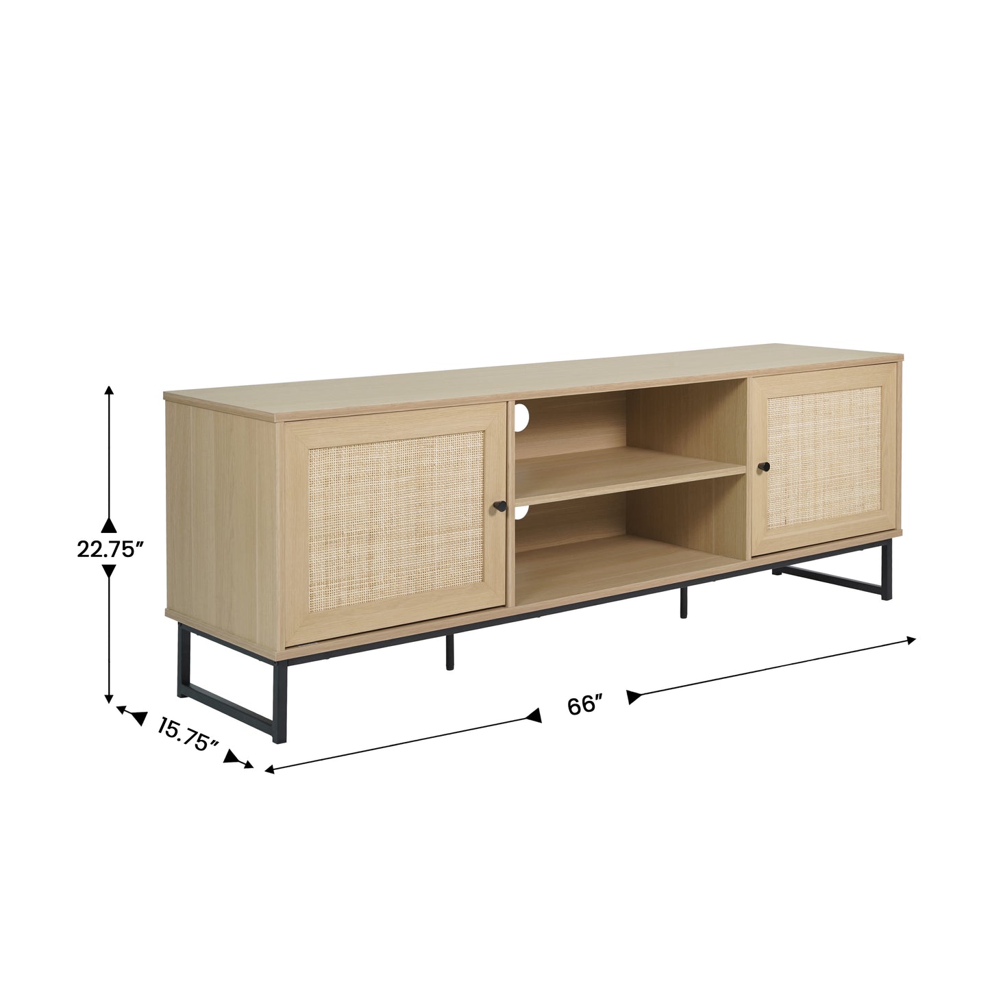 Malaki Mid-Century Modern 65 Inch TV Stand with 2 Rattan Soft Close Doors and Fixed Center Shelf, TV Stand for up to 70" TV's in Natural Natural