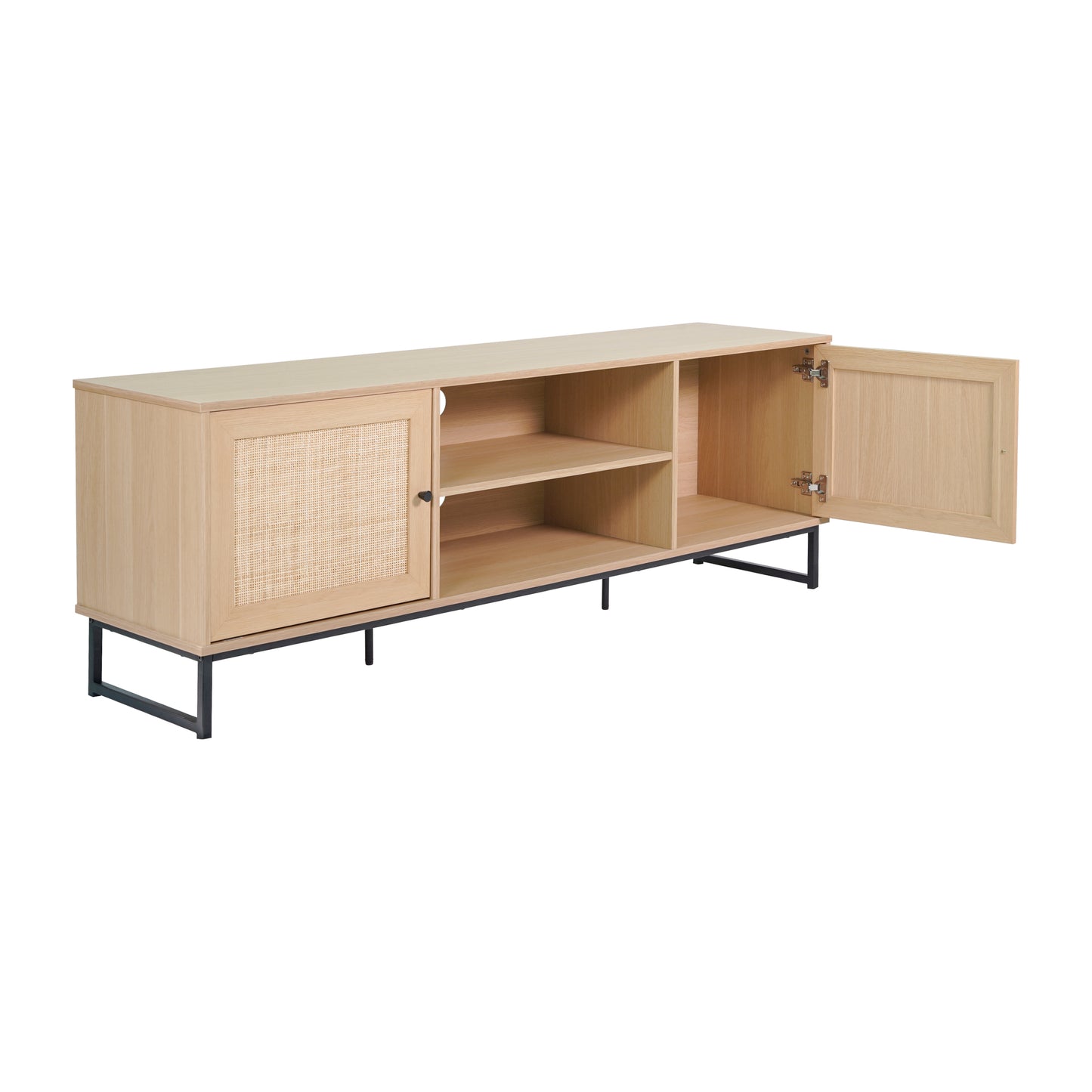 Malaki Mid-Century Modern 65 Inch TV Stand with 2 Rattan Soft Close Doors and Fixed Center Shelf, TV Stand for up to 70" TV's in Natural Natural