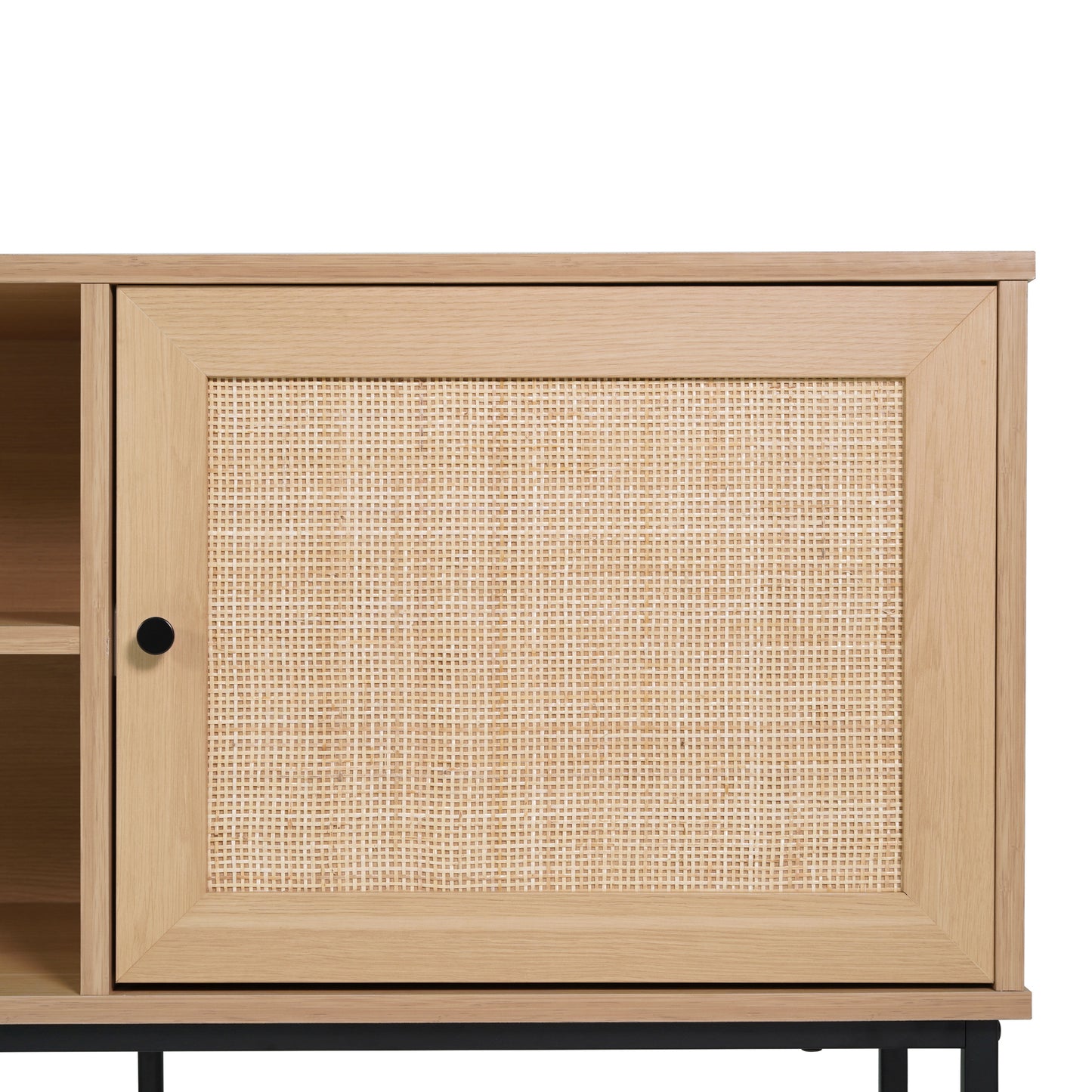 Malaki Mid-Century Modern 65 Inch TV Stand with 2 Rattan Soft Close Doors and Fixed Center Shelf, TV Stand for up to 70" TV's in Natural Natural
