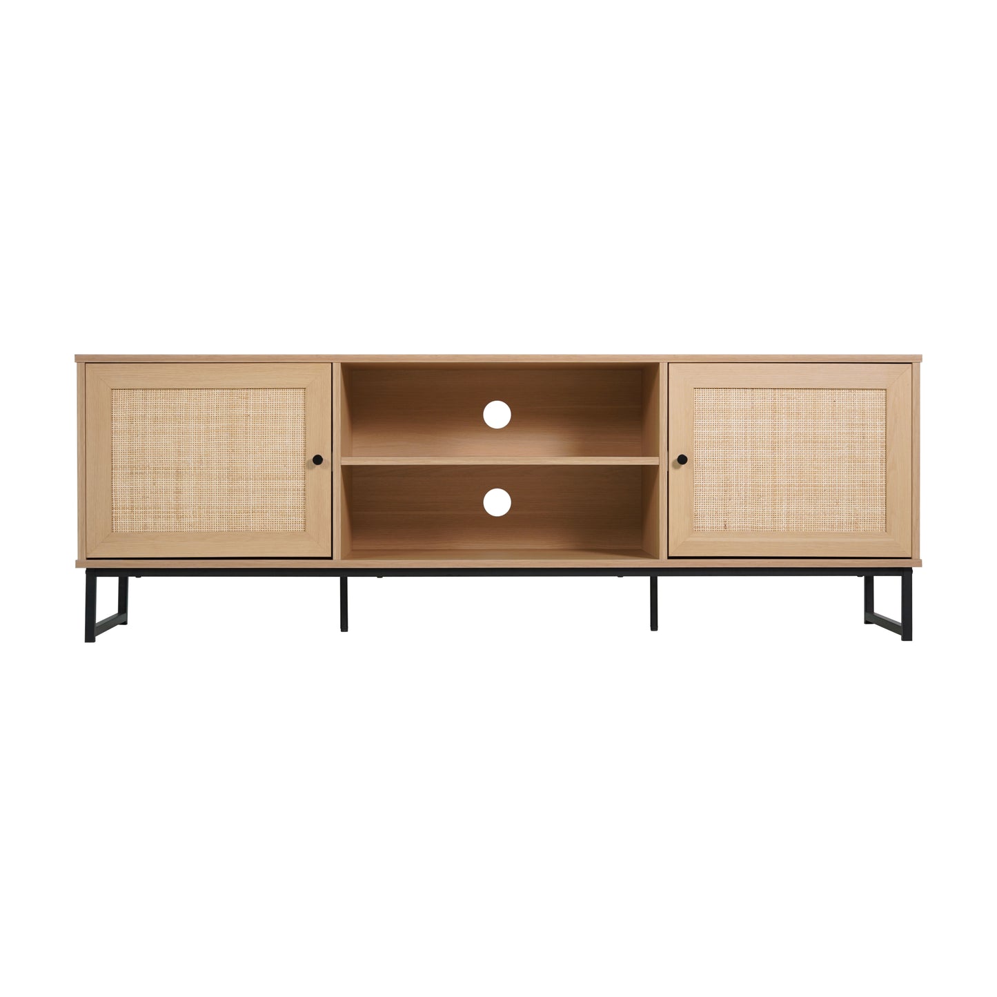 Malaki Mid-Century Modern 65 Inch TV Stand with 2 Rattan Soft Close Doors and Fixed Center Shelf, TV Stand for up to 70" TV's in Natural Natural
