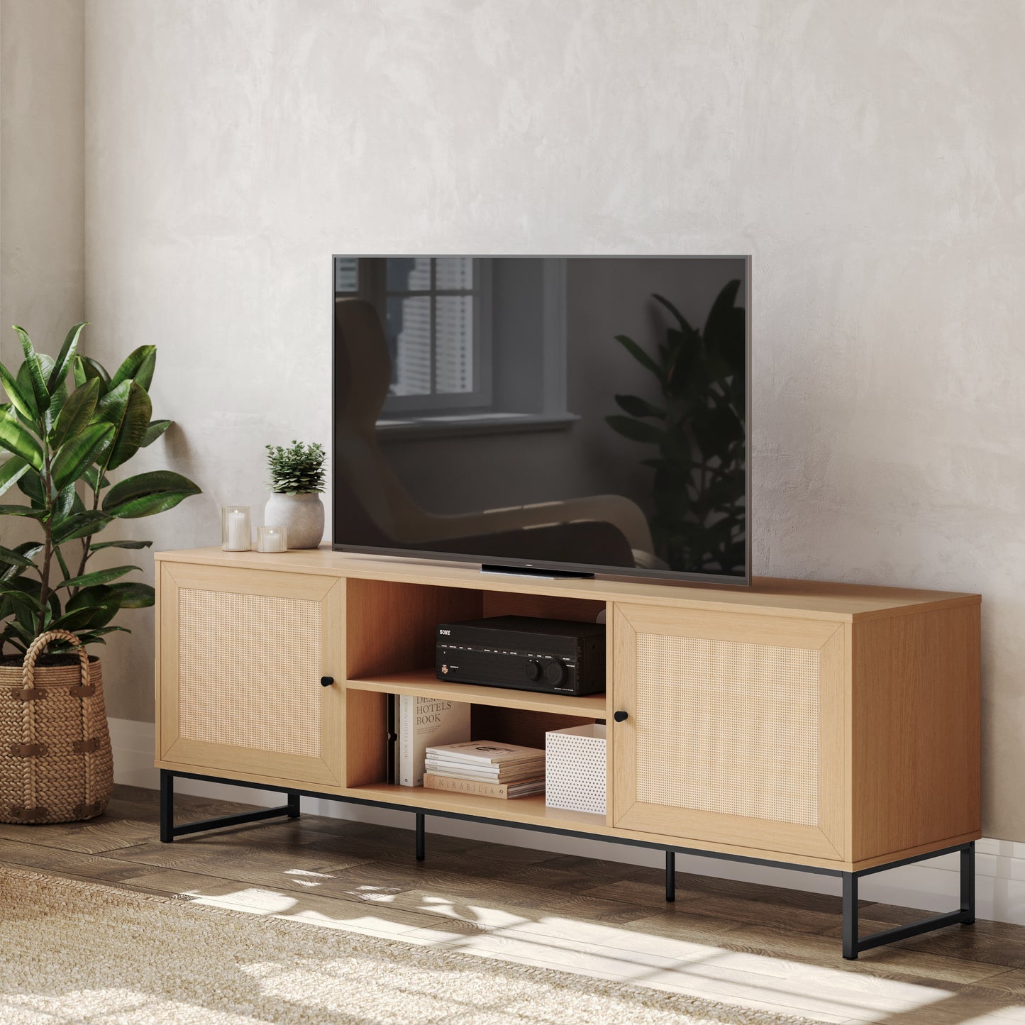 Malaki Mid-Century Modern 65 Inch TV Stand with 2 Rattan Soft Close Doors and Fixed Center Shelf, TV Stand for up to 70" TV's in Natural Natural