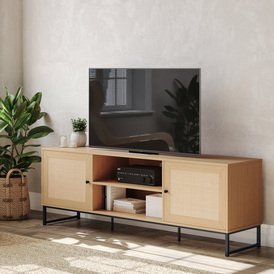 Malaki Mid-Century Modern 65 Inch TV Stand with 2 Rattan Soft Close Doors and Fixed Center Shelf, TV Stand for up to 70" TV's in Natural Natural