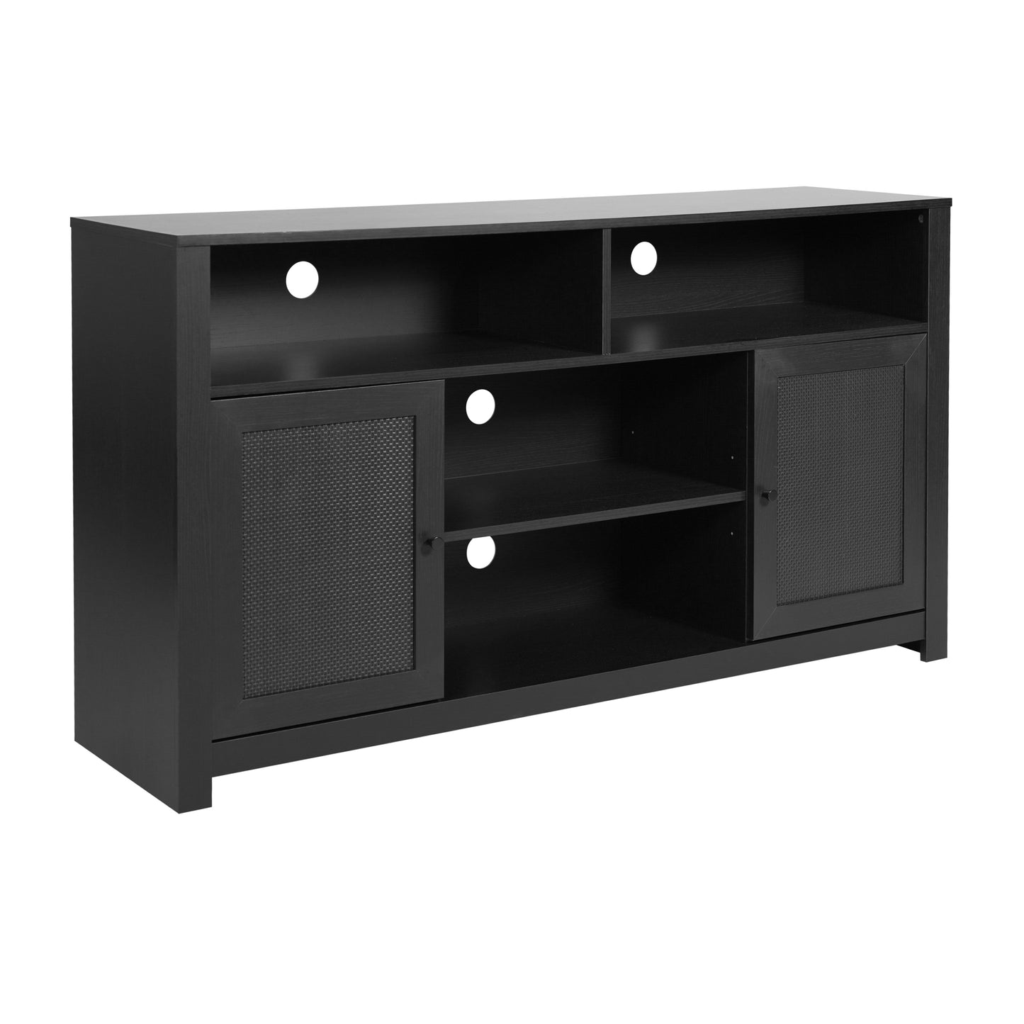 Malaki Mid-Century Modern 58 Inch Buffet Sideboard with 2 Soft Close Doors and Adjustable Center Shelf, TV Stand for up to 65" TV's, Black/Rattan Black