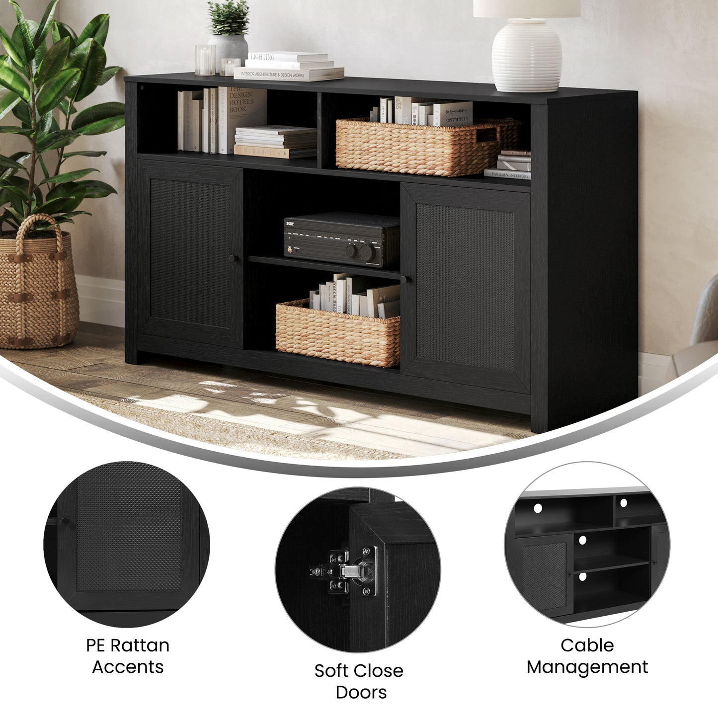 Malaki Mid-Century Modern 58 Inch Buffet Sideboard with 2 Soft Close Doors and Adjustable Center Shelf, TV Stand for up to 65" TV's, Black/Rattan Black