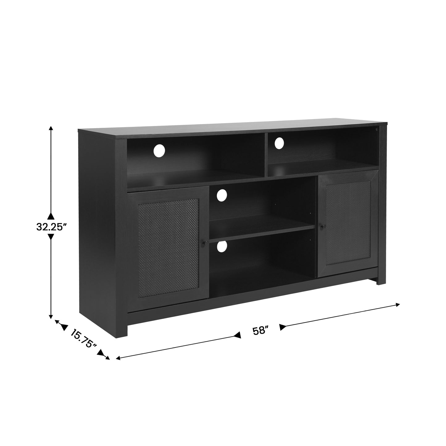 Malaki Mid-Century Modern 58 Inch Buffet Sideboard with 2 Soft Close Doors and Adjustable Center Shelf, TV Stand for up to 65" TV's, Black/Rattan Black