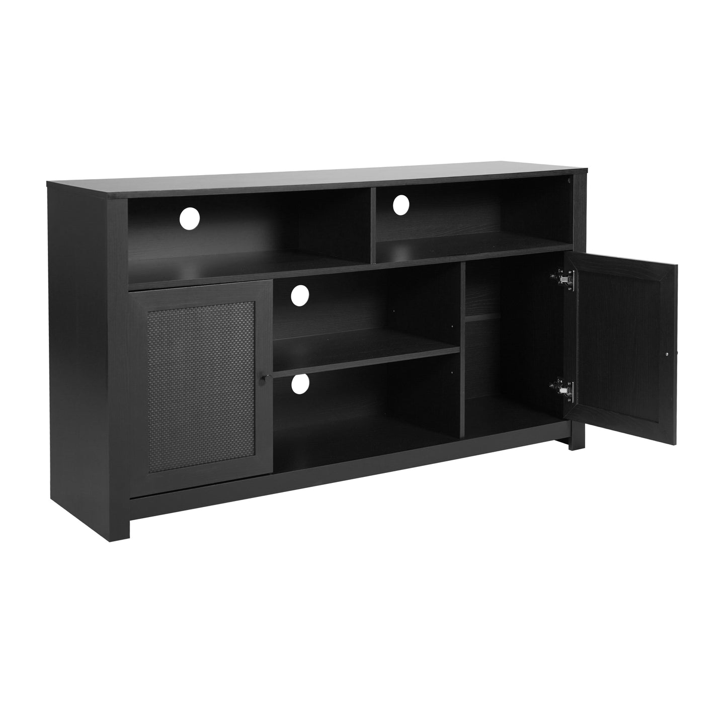 Malaki Mid-Century Modern 58 Inch Buffet Sideboard with 2 Soft Close Doors and Adjustable Center Shelf, TV Stand for up to 65" TV's, Black/Rattan Black