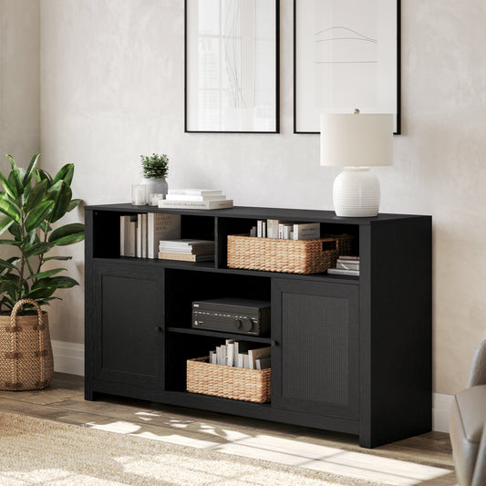 Malaki Mid-Century Modern 58 Inch Buffet Sideboard with 2 Soft Close Doors and Adjustable Center Shelf, TV Stand for up to 65" TV's, Black/Rattan Black EV-ET8114-ZZ-BLK-GG