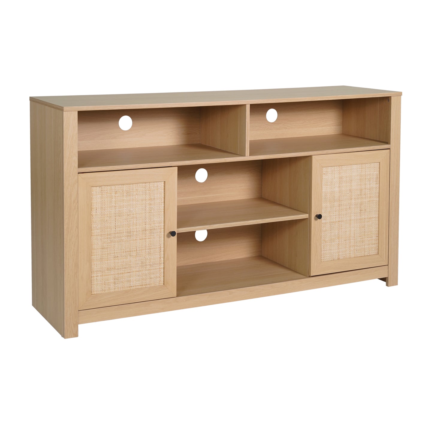 Malaki Mid-Century Modern 58 Inch Buffet Sideboard with 2 Soft Close Doors and Adjustable Center Shelf, TV Stand for up to 65" TV's, Natural/Rattan Natural
