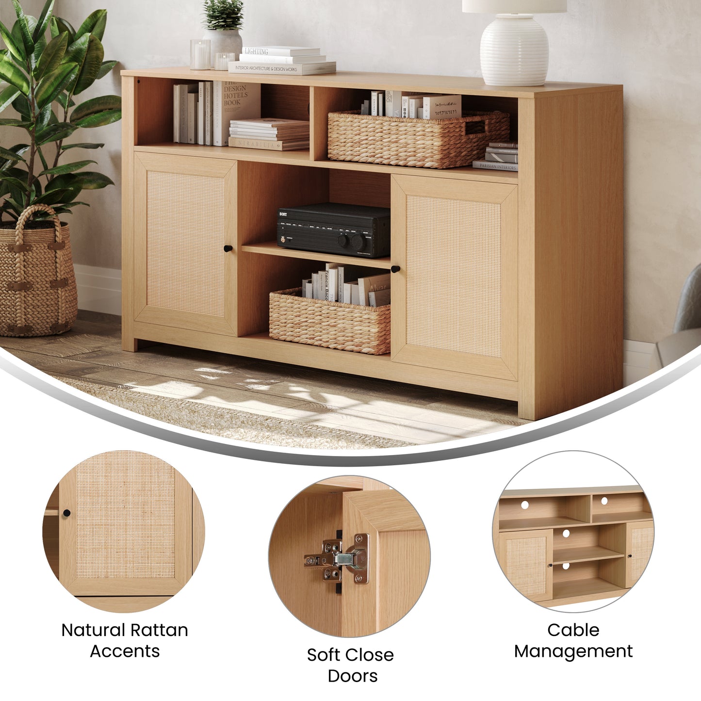 Malaki Mid-Century Modern 58 Inch Buffet Sideboard with 2 Soft Close Doors and Adjustable Center Shelf, TV Stand for up to 65" TV's, Natural/Rattan Natural