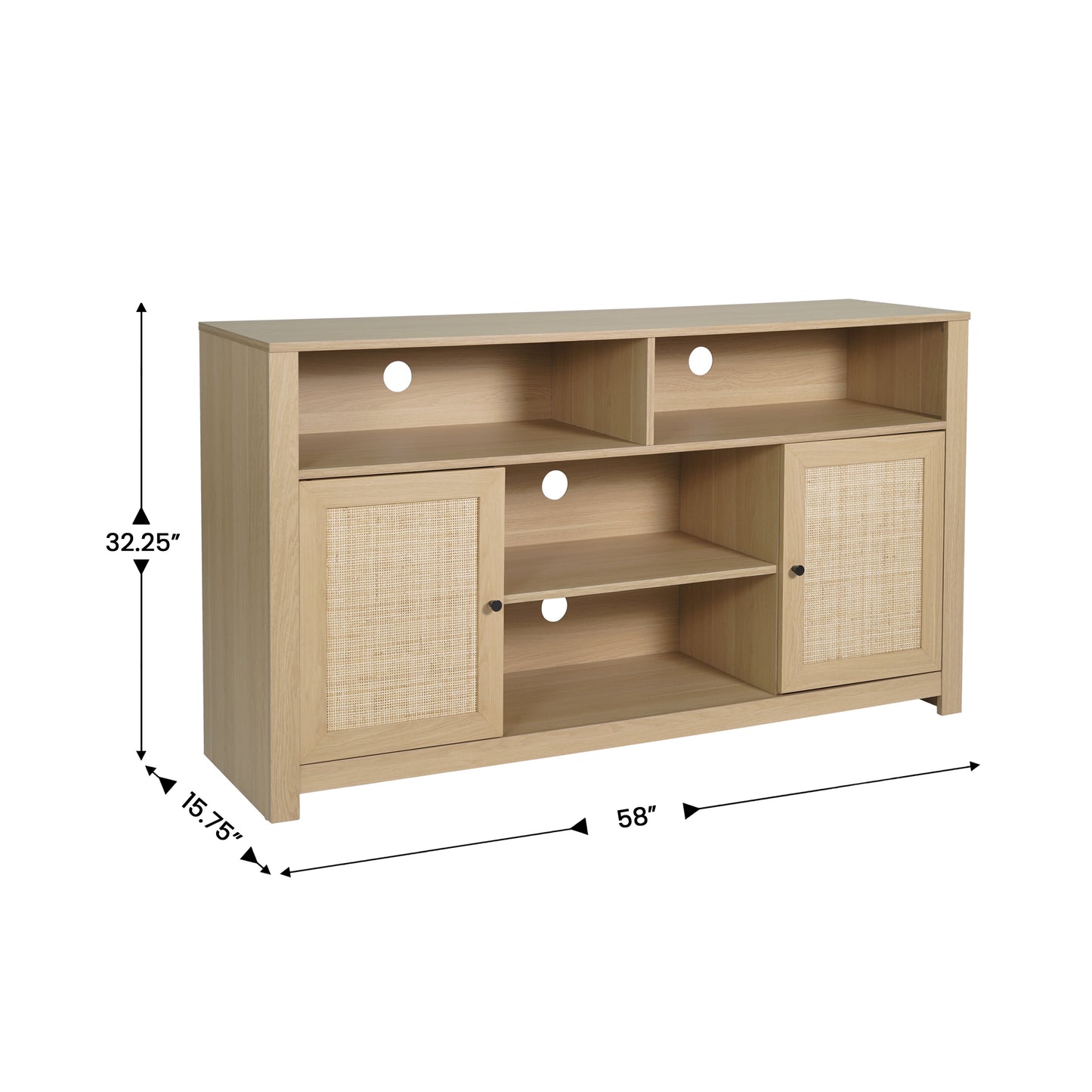 Malaki Mid-Century Modern 58 Inch Buffet Sideboard with 2 Soft Close Doors and Adjustable Center Shelf, TV Stand for up to 65" TV's, Natural/Rattan Natural