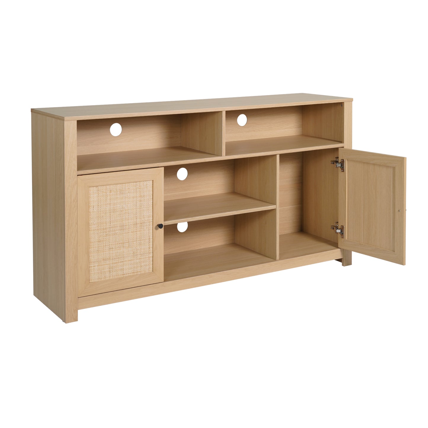 Malaki Mid-Century Modern 58 Inch Buffet Sideboard with 2 Soft Close Doors and Adjustable Center Shelf, TV Stand for up to 65" TV's, Natural/Rattan Natural