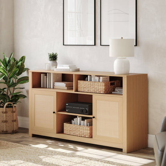Malaki Mid-Century Modern 58 Inch Buffet Sideboard with 2 Soft Close Doors and Adjustable Center Shelf, TV Stand for up to 65" TV's, Natural/Rattan Natural EV-ET8114-ZZ-NAT-GG