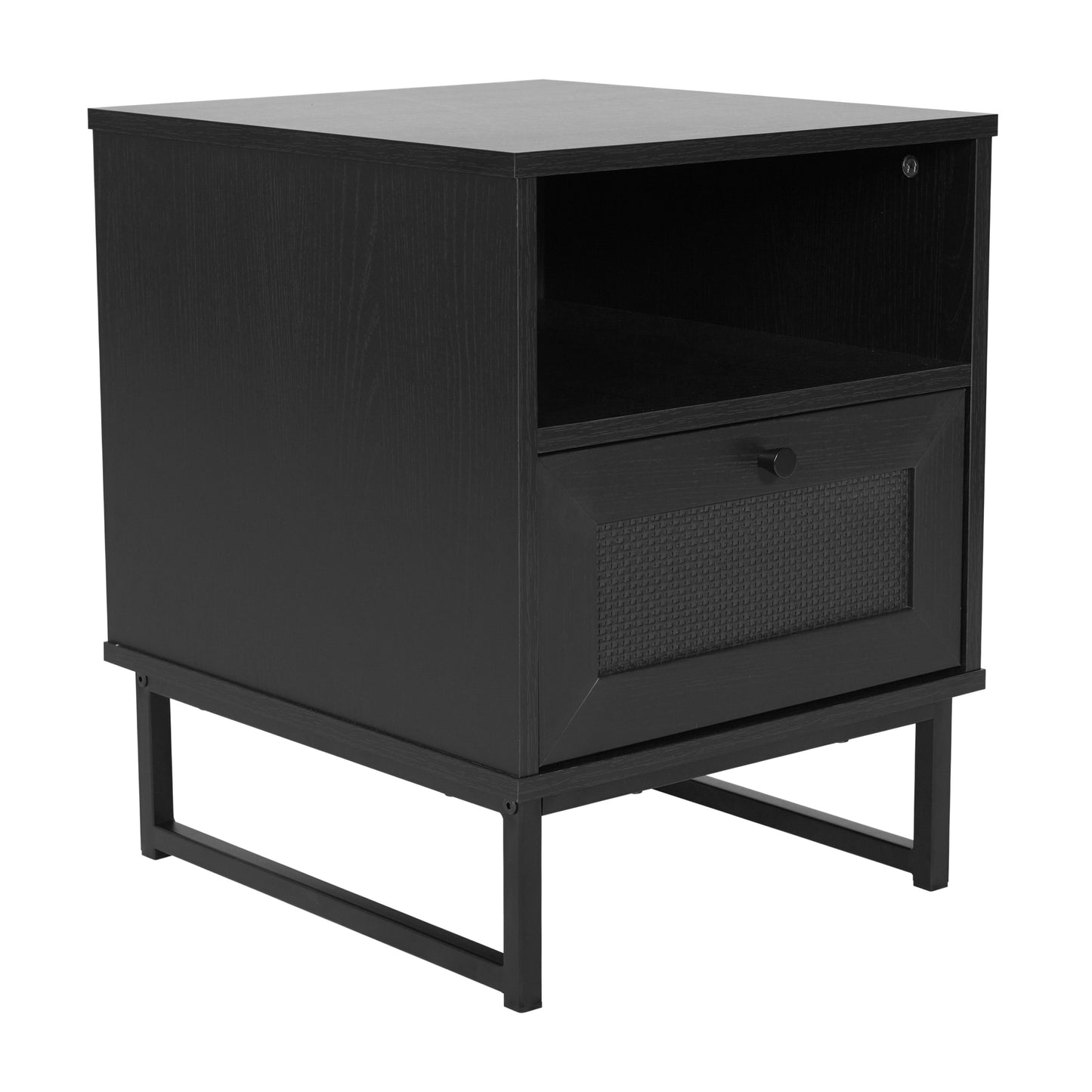 Malaki Mid-Century Modern Nightstand or End Table with Rattan Accented Drawer, Open Upper Shelf, and Metal Legs in Black Black