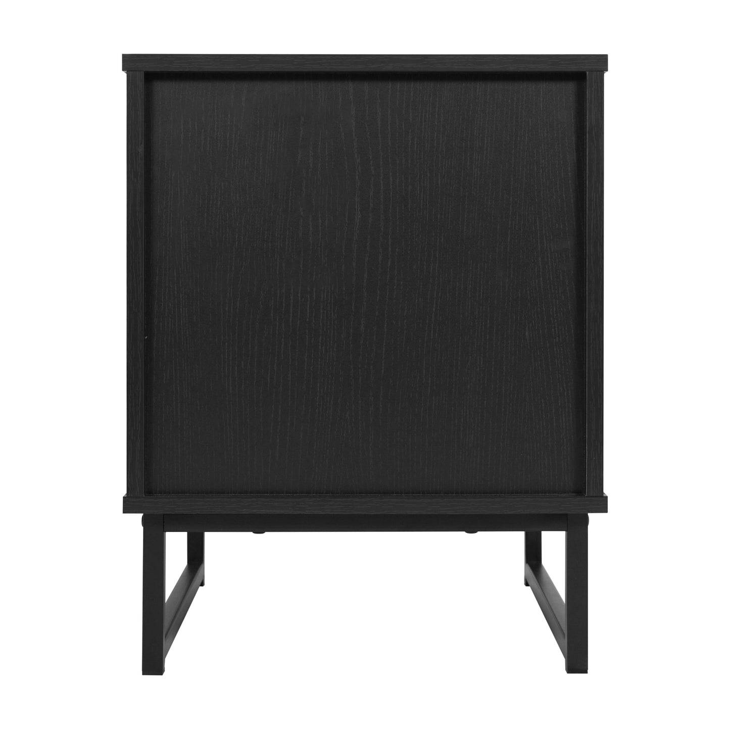 Malaki Mid-Century Modern Nightstand or End Table with Rattan Accented Drawer, Open Upper Shelf, and Metal Legs in Black Black