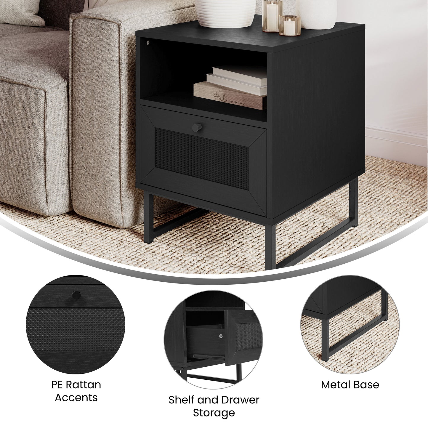 Malaki Mid-Century Modern Nightstand or End Table with Rattan Accented Drawer, Open Upper Shelf, and Metal Legs in Black Black