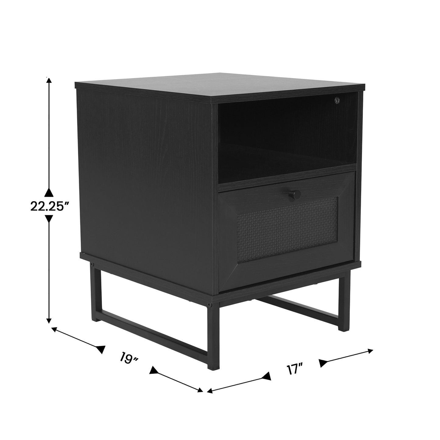 Malaki Mid-Century Modern Nightstand or End Table with Rattan Accented Drawer, Open Upper Shelf, and Metal Legs in Black Black