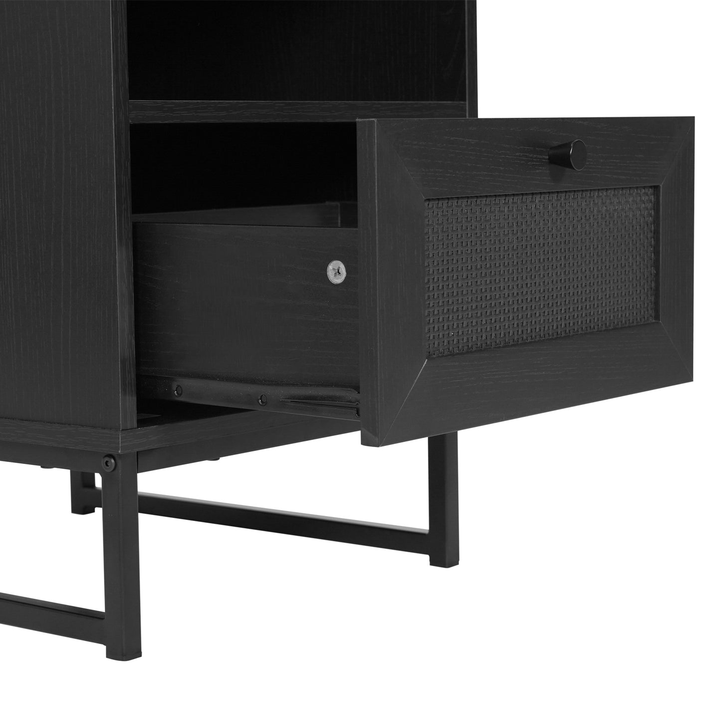 Malaki Set of 2 Mid-Century Modern Nightstands or End Tables with Rattan Accented Drawers, Open Upper Shelves, and Metal Legs in Black Black