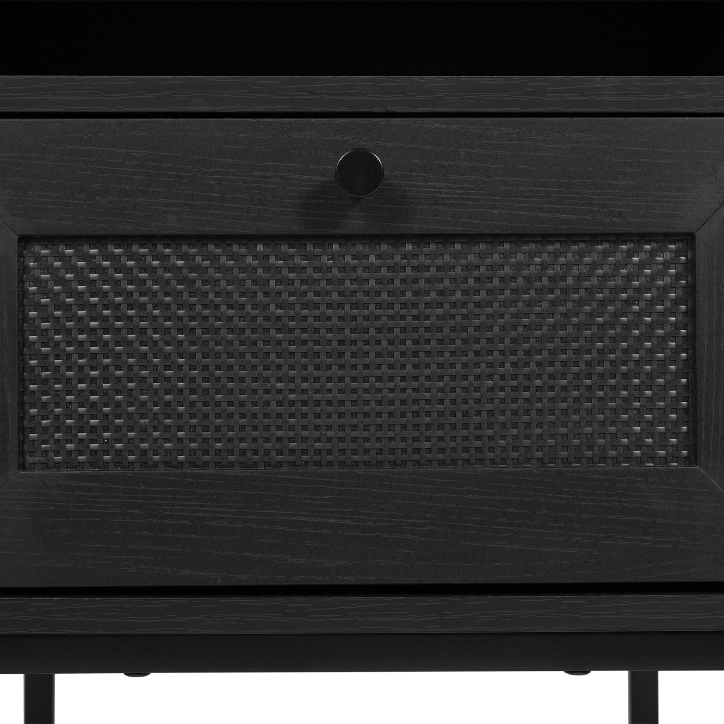 Malaki Set of 2 Mid-Century Modern Nightstands or End Tables with Rattan Accented Drawers, Open Upper Shelves, and Metal Legs in Black Black