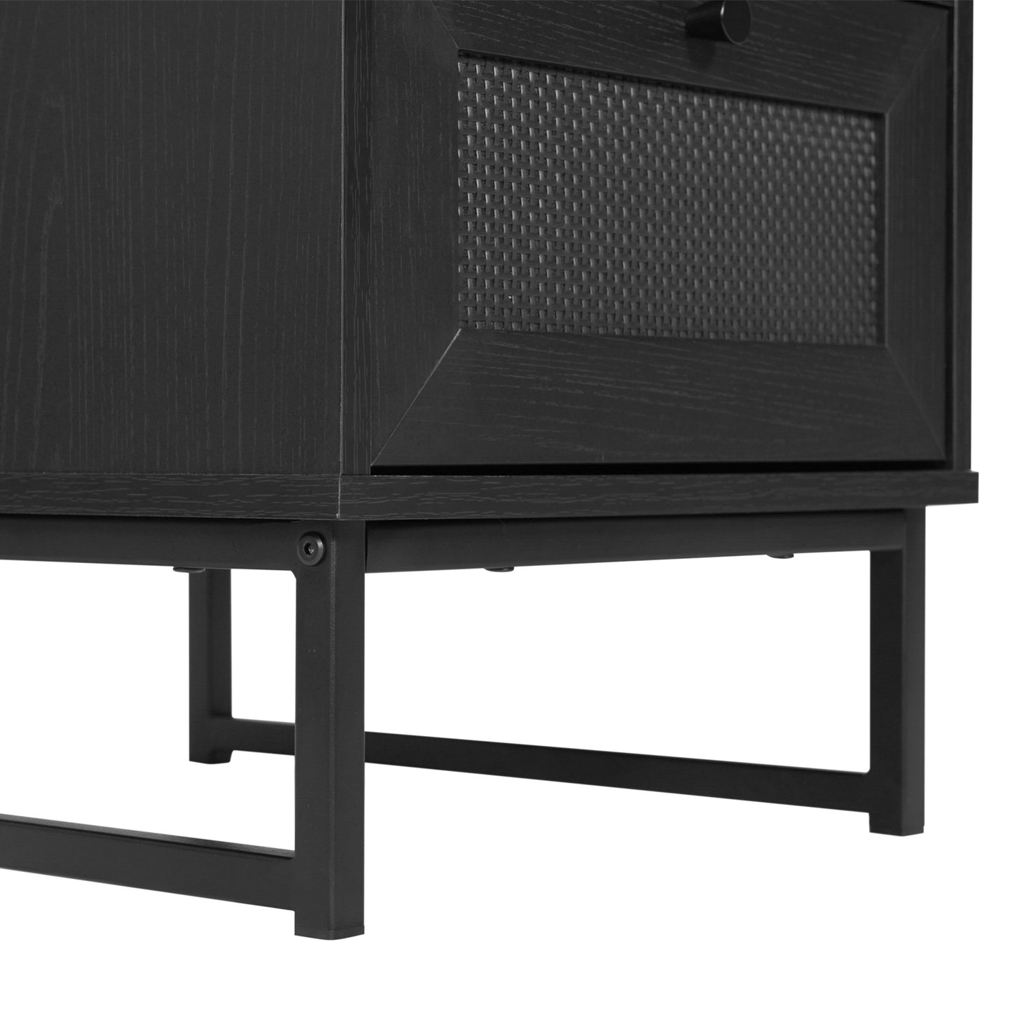 Malaki Mid-Century Modern Nightstand or End Table with Rattan Accented Drawer, Open Upper Shelf, and Metal Legs in Black Black