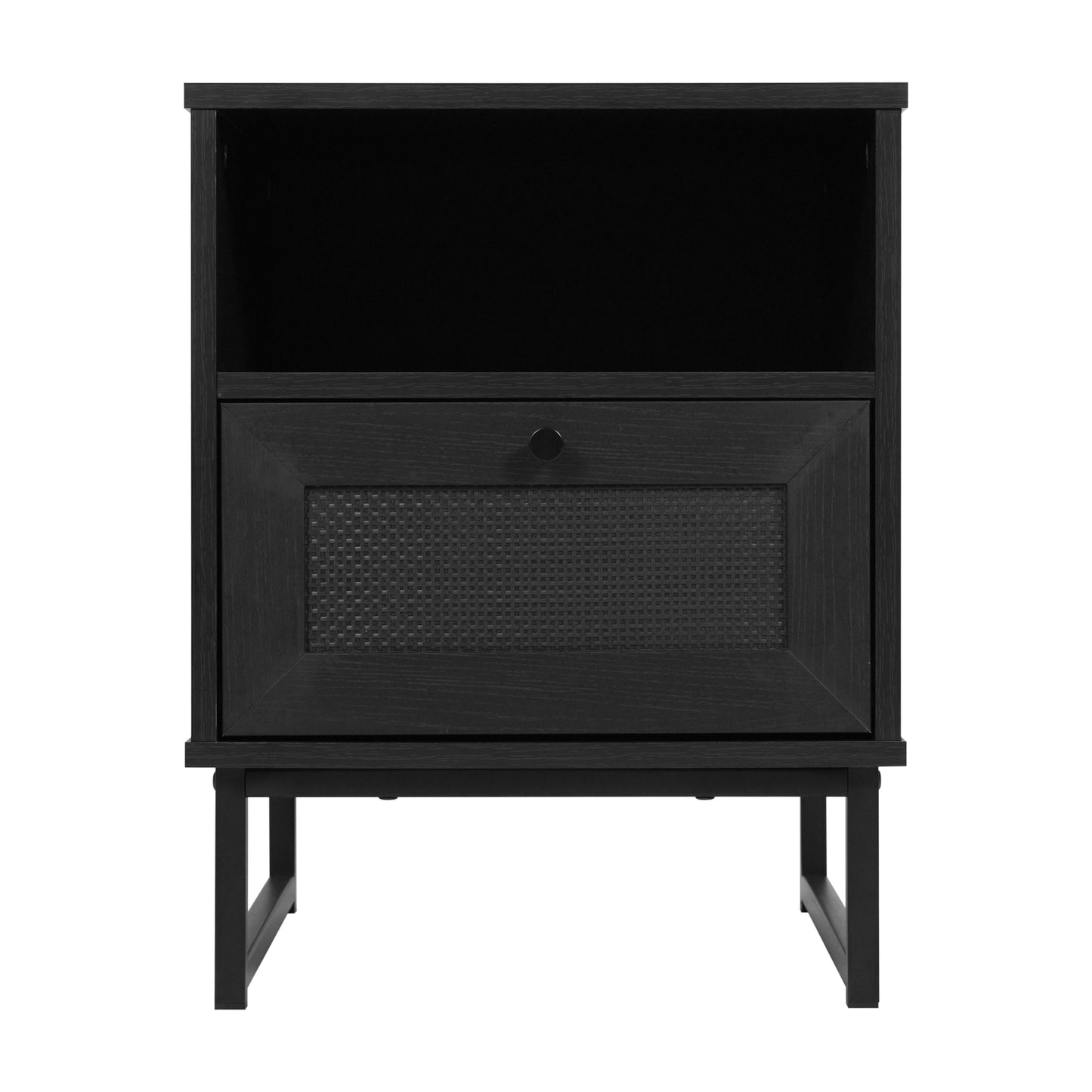 Malaki Set of 2 Mid-Century Modern Nightstands or End Tables with Rattan Accented Drawers, Open Upper Shelves, and Metal Legs in Black Black