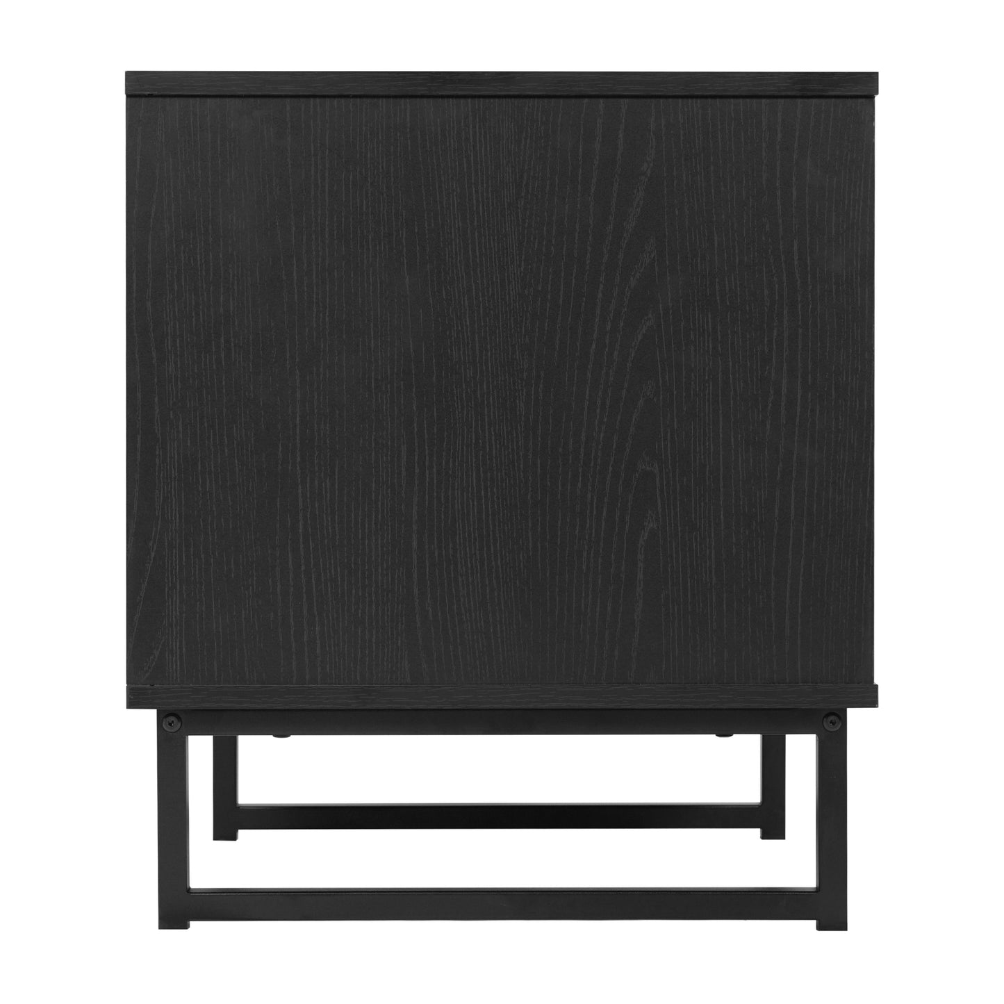 Malaki Mid-Century Modern Nightstand or End Table with Rattan Accented Drawer, Open Upper Shelf, and Metal Legs in Black Black