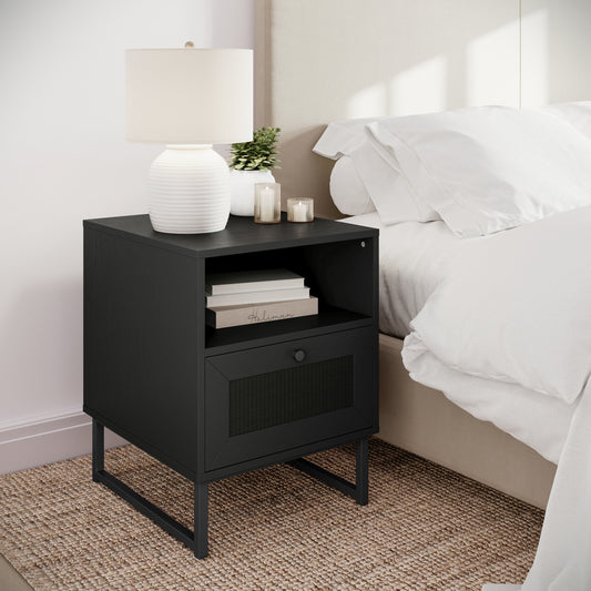 Malaki Mid-Century Modern Nightstand or End Table with Rattan Accented Drawer, Open Upper Shelf, and Metal Legs in Black Black EV-ST4043-ZZ-BLK-GG