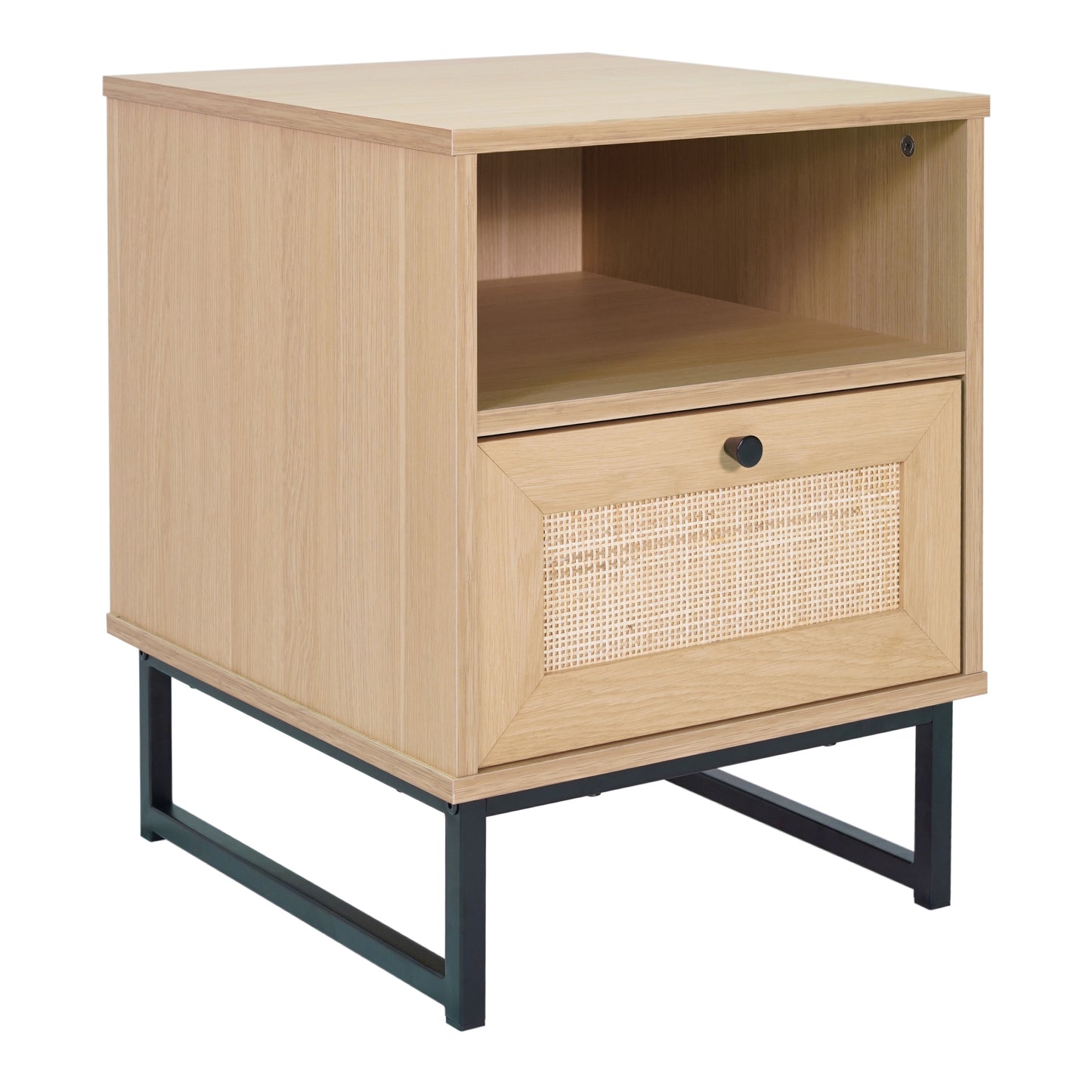 Malaki Mid-Century Modern Nightstand or End Table with Rattan Accented Drawer, Open Upper Shelf, and Metal Legs in Natural Natural