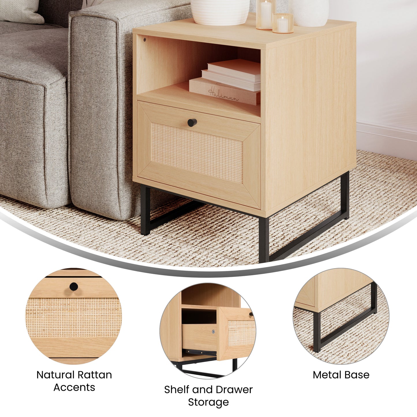 Malaki Mid-Century Modern Nightstand or End Table with Rattan Accented Drawer, Open Upper Shelf, and Metal Legs in Natural Natural