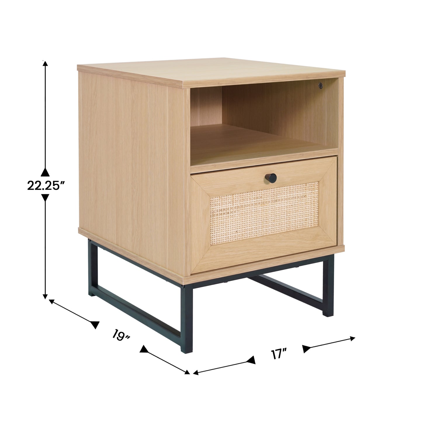 Malaki Mid-Century Modern Nightstand or End Table with Rattan Accented Drawer, Open Upper Shelf, and Metal Legs in Natural Natural
