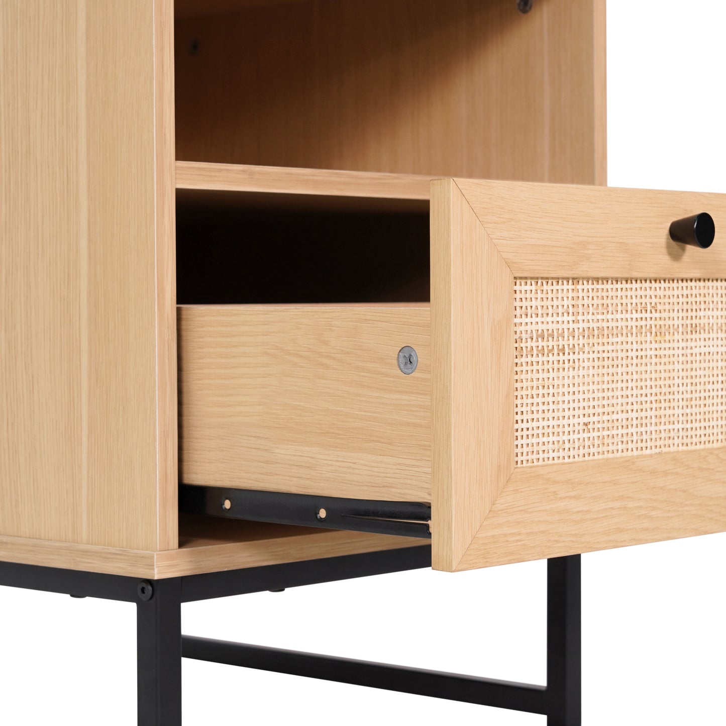 Malaki Set of 2 Mid-Century Modern Nightstands or End Tables with Rattan Accented Drawers, Open Upper Shelves, and Metal Legs in Natural Natural