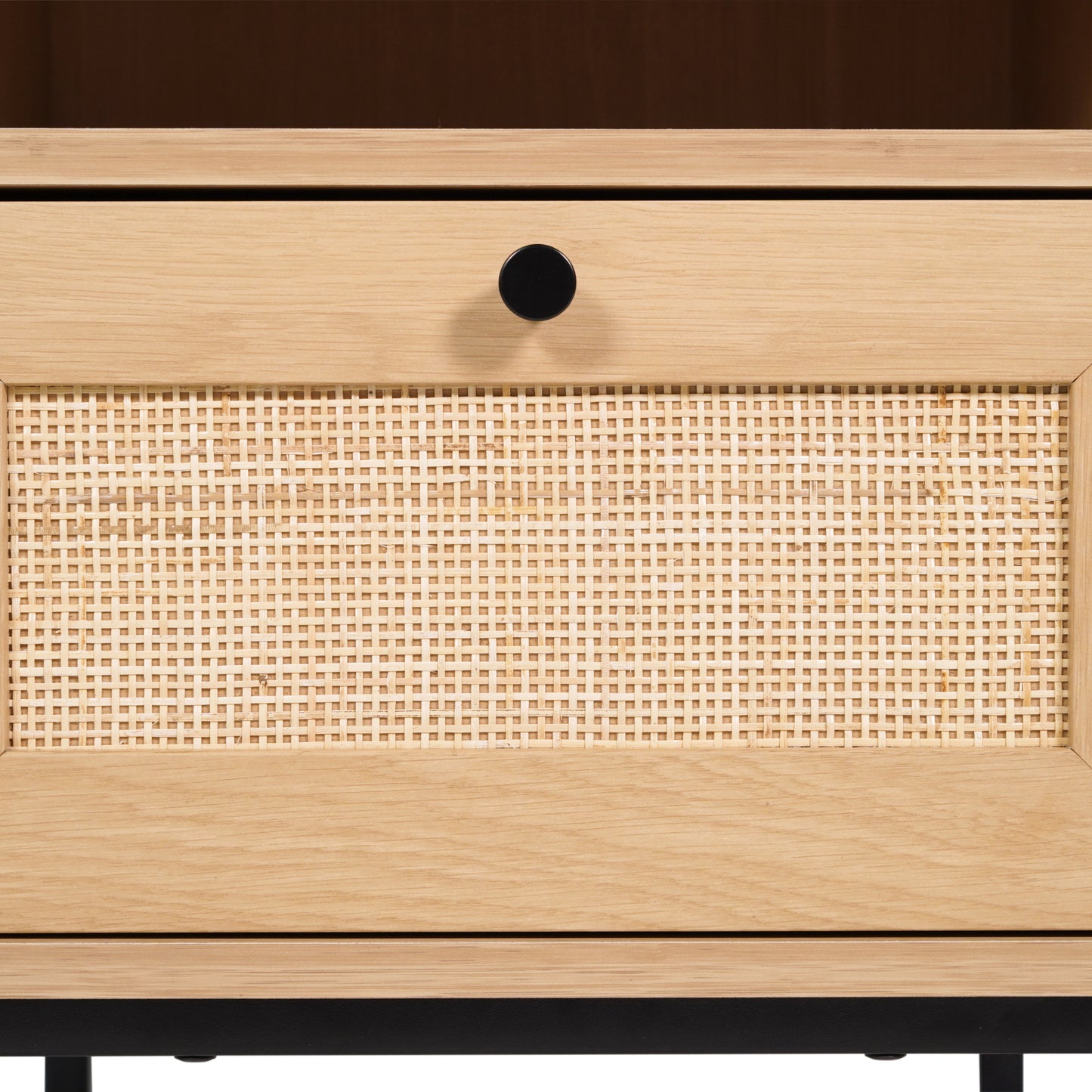 Malaki Set of 2 Mid-Century Modern Nightstands or End Tables with Rattan Accented Drawers, Open Upper Shelves, and Metal Legs in Natural Natural
