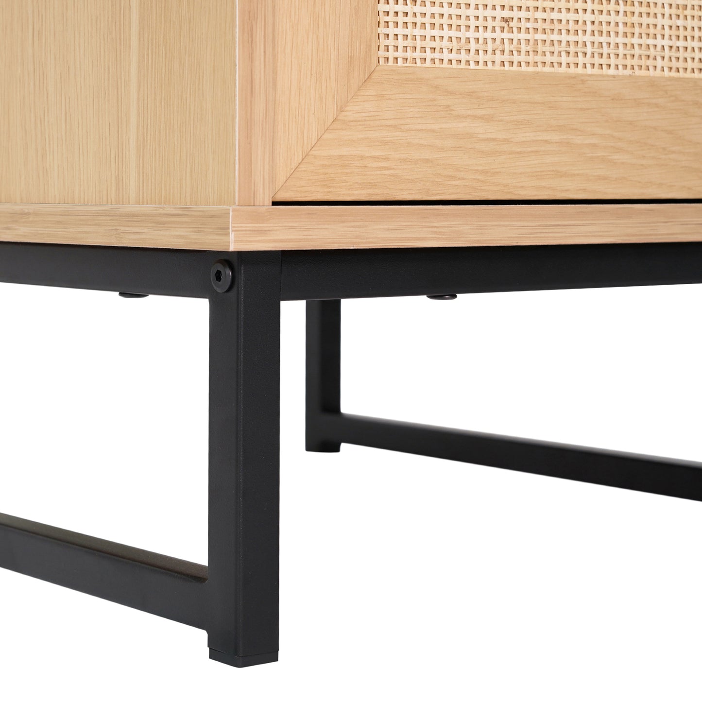 Malaki Mid-Century Modern Nightstand or End Table with Rattan Accented Drawer, Open Upper Shelf, and Metal Legs in Natural Natural