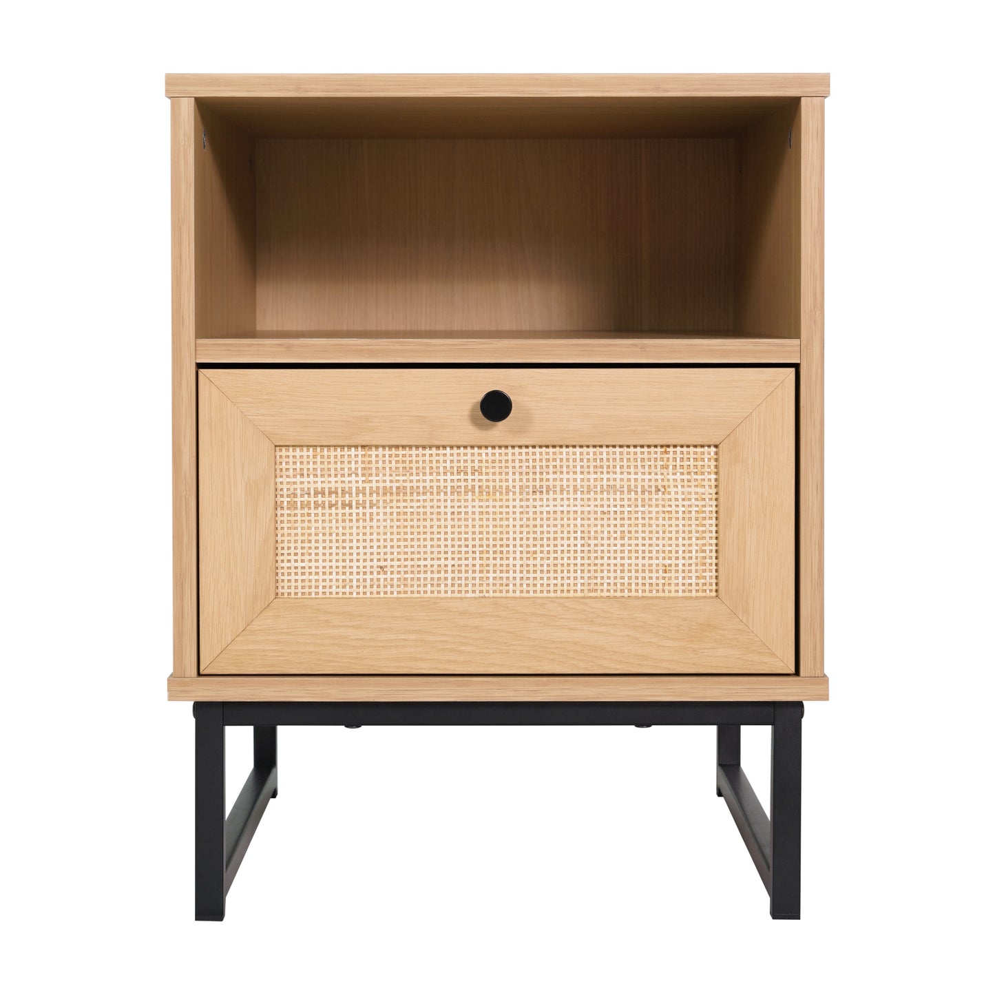 Malaki Set of 2 Mid-Century Modern Nightstands or End Tables with Rattan Accented Drawers, Open Upper Shelves, and Metal Legs in Natural Natural