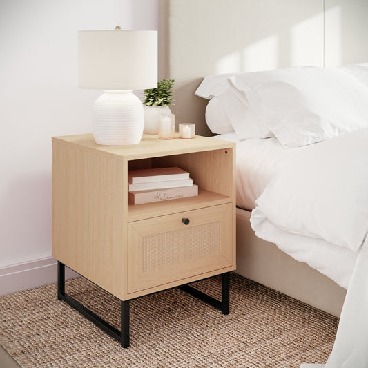 Malaki Mid-Century Modern Nightstand or End Table with Rattan Accented Drawer, Open Upper Shelf, and Metal Legs in Natural Natural EV-ST4043-ZZ-NAT-GG