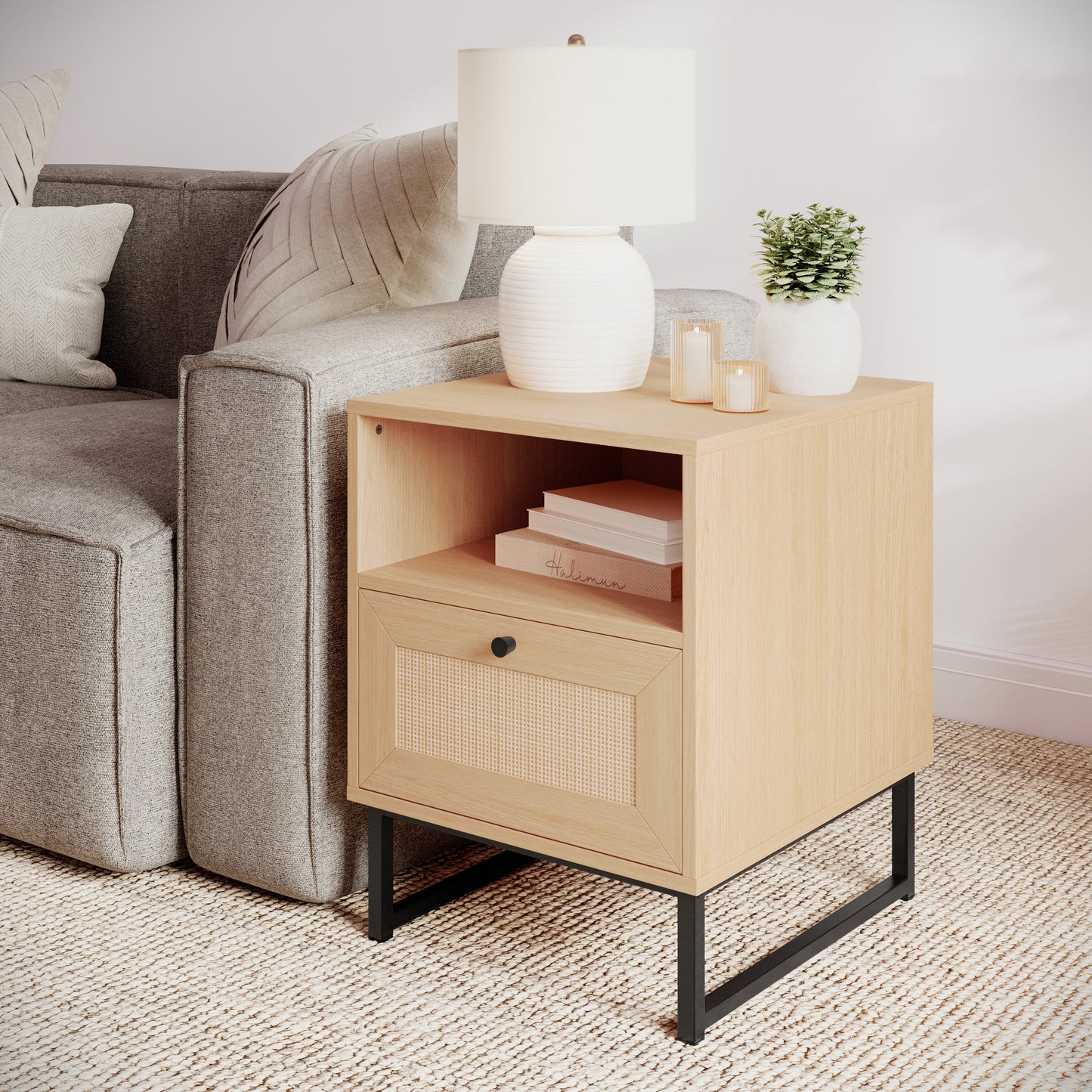 Malaki Mid-Century Modern Nightstand or End Table with Rattan Accented Drawer, Open Upper Shelf, and Metal Legs in Natural Natural